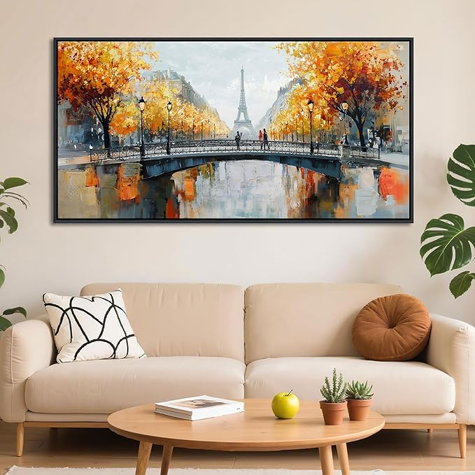 KLAKLA Black and White Canvas Wall Art for Living Room Bedroom Bathroom Orange Paris Theme Room Decor Oil Painting Print Tower Eiffel Painting for Wall Decor 24x48 Inches