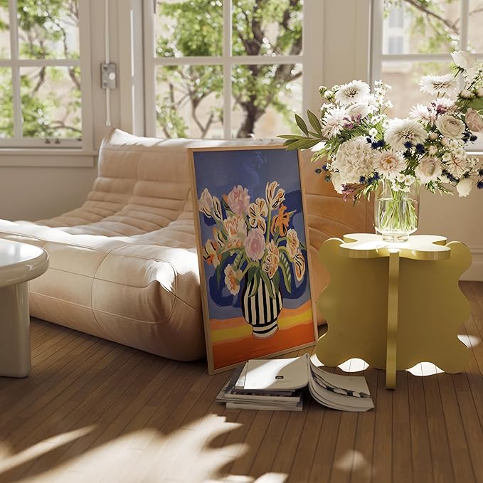 HAUS AND HUES Floral Art Wall Decor - Wildflowers Wall Art for Living Room, Floral Artwork for Bedroom Walls, Flower Painting for College Girls Dorm Room (Striped Vase, Beige Frame, 24x36)