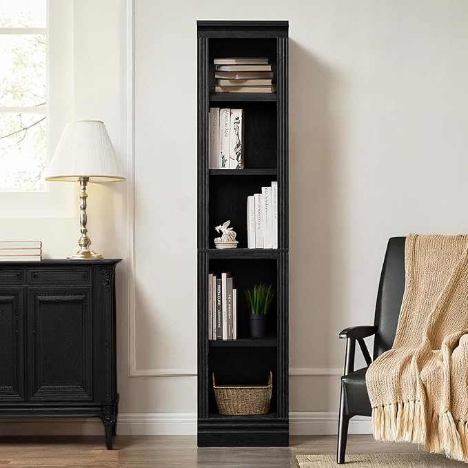 JAHRSTIM Halston Narrow Bookcase, Adjustable Storage Open Display Shelving Unit for Home and Office Space, 14”L x 15.75”W x 72.50”H, Black