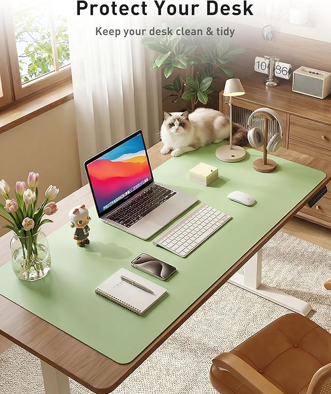 Aothia Faux Leather Desk Mat - Large Mouse Pad, Non-Slip PU Leather Blotter, Waterproof Writing Surface for Office and Home (Foam Green, 40" x 24")