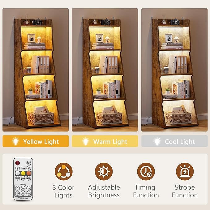 Hoctieon 5-Tier Open Bookcase and Bookshelf with LED Light, Floor Standing Display Storage Shelves, Wood Modern Display Organizer for Home Office, Living Room, Bedroom, Study, Rustic Brown