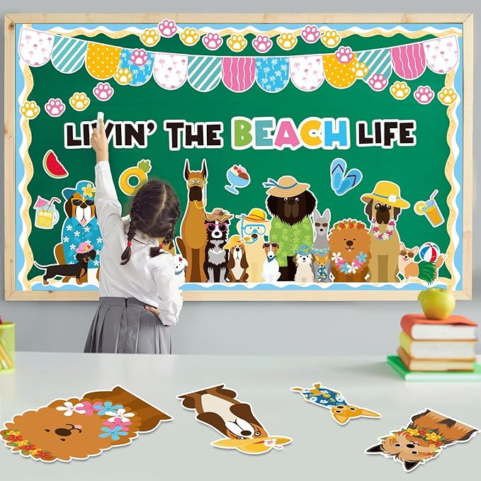 Summer Dog Bulletin Board Decorations Hawaiian Dog Theme Classroom Back to School Bulletin Board Border Set Cute Puppy Pet Dog Paw Paper Cutouts for School Chalkboard Supplies Wall Decor