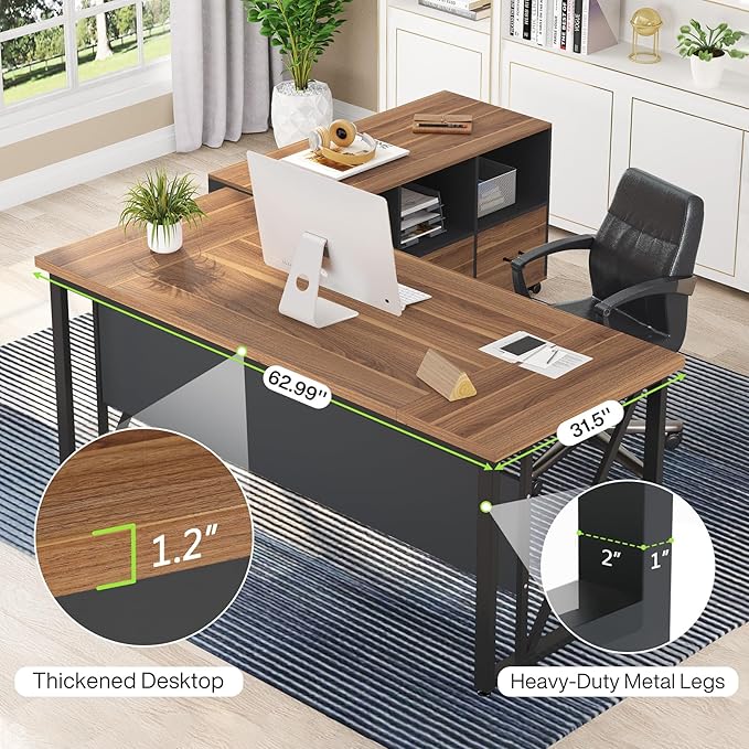Tribesigns 63 inches Computer Desk, Modern Home Office Desk Writing Table for Workstation, Dark Walnut + Steel Leg, Cabinet not Included (Walnut, 63-inch)
