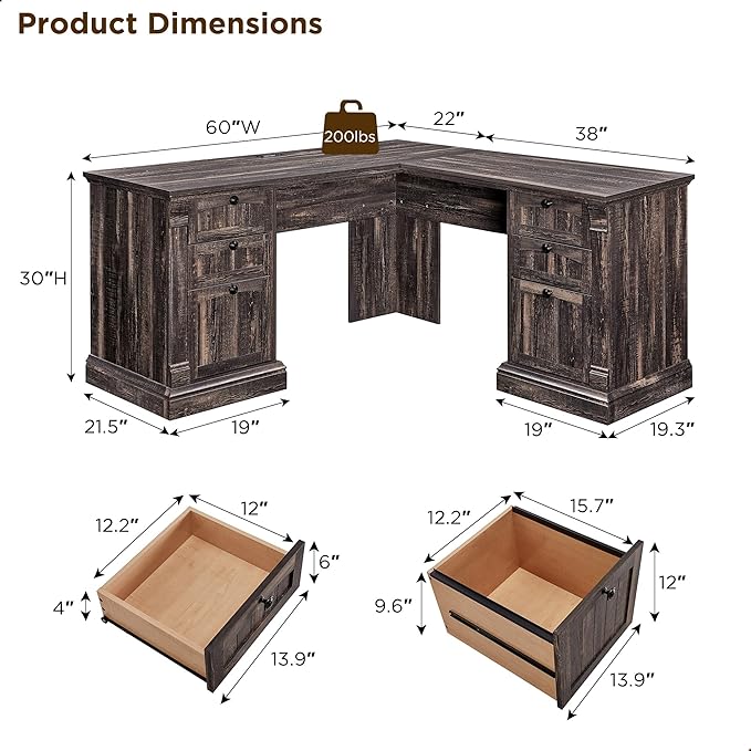 OKD 60" L Shaped Executive Desk with Drawers, Farmhouse Home Office Desk with Charging Station, File Cabinet Storage, Wood Corner Computer Desk for Work and Study, Dark Rustic Oak