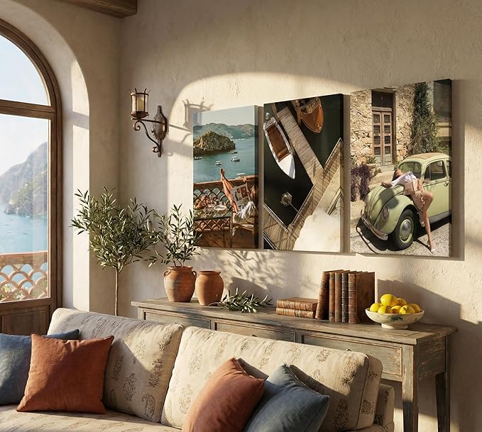 3Pcs Mediterranean Coastal Canvas Wall Art Vintage Italian Travel Photography Pictures Wall Decor Beach Vacation Lifestyle Posters Prints for Living Room Bedroom Office Home Decoration Prepare to hang