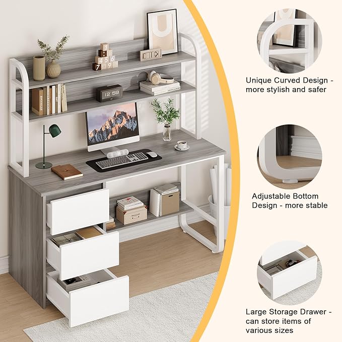 Computer Desk with 3 Drawers, 55 Inch Desk with Hutch for Small Spaces, Study Writing Desk with Shelves for Bedrrom, Adjustable Feet, Grey