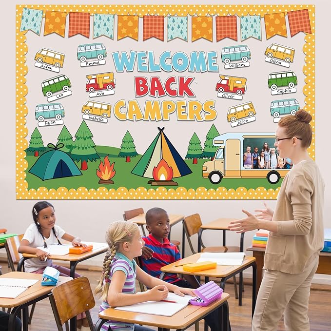 Summer Camping Bulletin Board Decorations Set Welcome Back Camper Classroom Decor Adventure Camp Themed Campfire Tent Paper Cutouts for Woodland Party Back to School Chalkboard Wall Supplies Favor