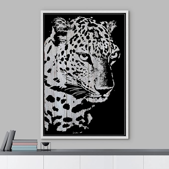 IDEA4WALL Framed Canvas Print Wall Art Grayscale Spotted Leopard on Wood Blocks Animals WildLife Illustrations Modern Art Tropical Portrait Dark for Living Room, Bedroom, Office - 24"x36" WHITE
