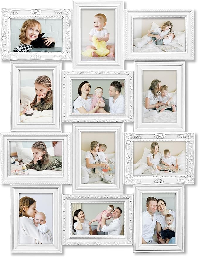 HELLO LAURA - Photo Collage Frames for Wall White Curved Classic European Style 12 Opening 27" x 20.5" Wall Hanging Picture Frame Collage 4" x 6" Photo Sockets x 12 | Gallery Style