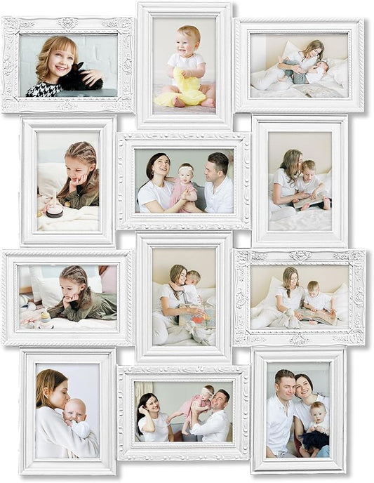 HELLO LAURA - Photo Collage Frames for Wall White Curved Classic European Style 12 Opening 27" x 20.5" Wall Hanging Picture Frame Collage 4" x 6" Photo Sockets x 12 | Gallery Style