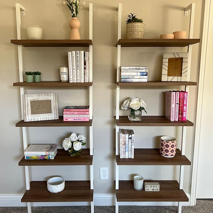 Nathan James Theo 5-Shelf Wood Modern Bookcase, Open Wall Mount Ladder Bookshelf with Industrial Metal Frame, Natural Light Brown/White, Set of 2