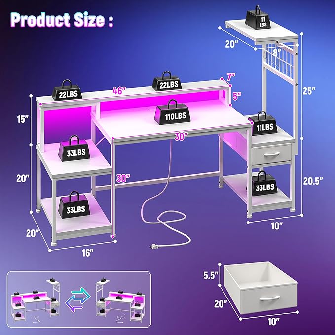 55" Gaming Desk with LED Lights & Outlets,Computer Desk with Drawers & Monitor Stand,Gaming Table with Storage Shelves & Printer Space for Game Room,Study Room,Home Office,Bedroom,White
