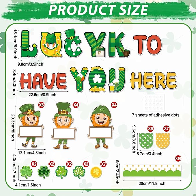 St. Patrick's Day Bulletin Board Set Leprechaun Clover DIY Photo Name Tag Classroom Decoration Green Lucky Shamrock Bulletin Board Cutouts for Irish Holiday Home Classroom School Chalkboard Wall Decor
