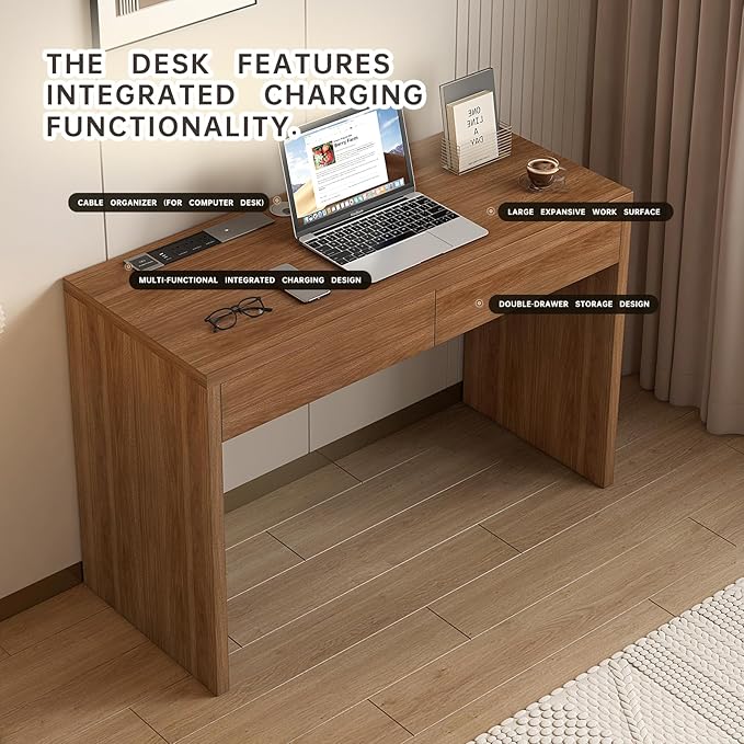 47-Inch Computer Desk with Pull-Out Outlet, Home Office Desks with 2 Sturdy Drawers, Writing/Gaming/Work/Study Desk for Bedroom, Living Room Brown