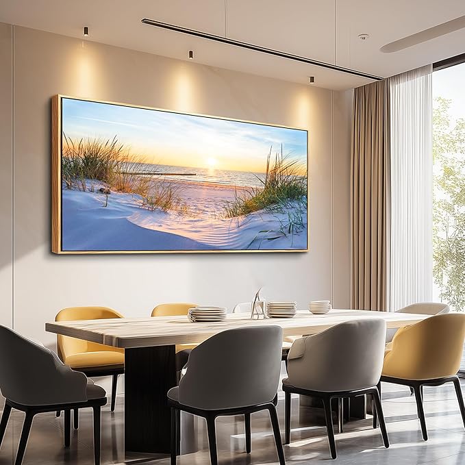 MHARTK66 Canvas Prints Wall Art Beach Sunrise Ocean Waves Beach Grass Nature Pictures Coastal Wall Decor Stretched Canvas Wooden Framed for living Room Bedroom and Office Home Decoration 24"x48"