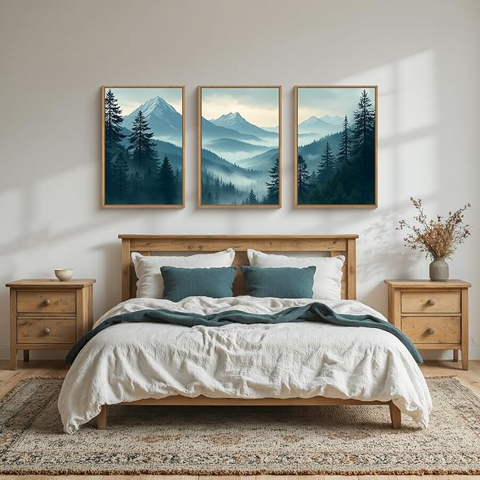 BICERE Large Misty Mountain Forest Framed Canvas Wall Art,Nature Pine Tree Wall Decor,Foggy Snow Woodland Painting,Watercolor Scenery Artwork for Living Room,Bedroom,Dining Room,Office -16"x24"x3