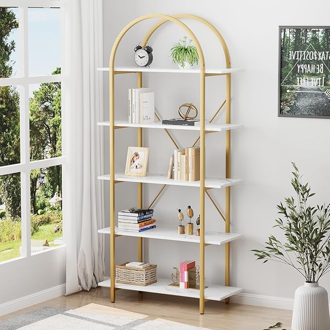 Arched Bookshelf 5 Tier Book Shelf, 31.5 Inch Width Industrial Arch Bookcase, Curved Tall Bookshelf with Open Shelves for Home Office, Living Room, Bedroom, Gold