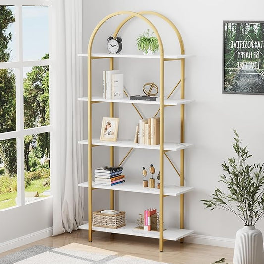 Arched Bookshelf 5 Tier Book Shelf, 31.5 Inch Width Industrial Arch Bookcase, Curved Tall Bookshelf with Open Shelves for Home Office, Living Room, Bedroom, Gold