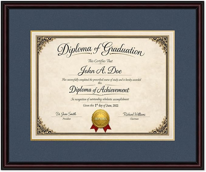 Diploma Frame Executive Brown with Navy Blue Over Gold Double Mat - Fits 17 x 13 International Diploma Wall Display Made in the USA