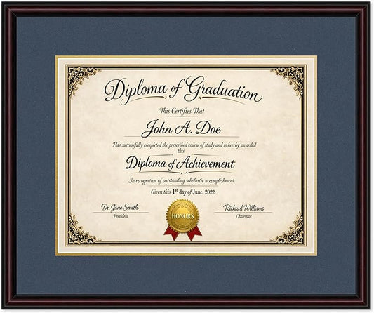 Diploma Frame Executive Brown with Navy Blue Over Gold Double Mat - Fits 17 x 13 International Diploma Wall Display Made in the USA