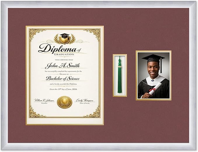 CountryArtHouse Diploma Tassel and Photo Shadowbox Fits 11 x 14 College Diploma (Portrait) with Tas Stainless Silver Genuine Hardwood with Dark Red Over Metallic Gold Double mat