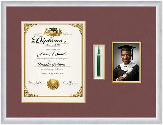 CountryArtHouse Diploma Tassel and Photo Shadowbox Fits 11 x 14 College Diploma (Portrait) with Tas Stainless Silver Genuine Hardwood with Dark Red Over Metallic Gold Double mat