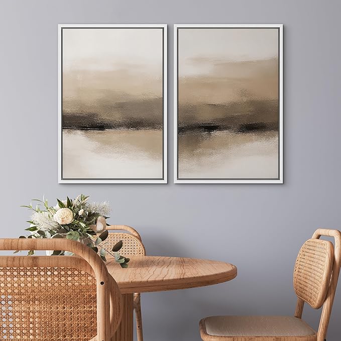 SIGNWIN Framed Canvas Print Wall Art Set Beige and Black Neutral Abstract Landscape Minimalist Illustrations Modern Art Decorative Multicolor for Living Room, Bedroom, Office - 16"x24"x2 White