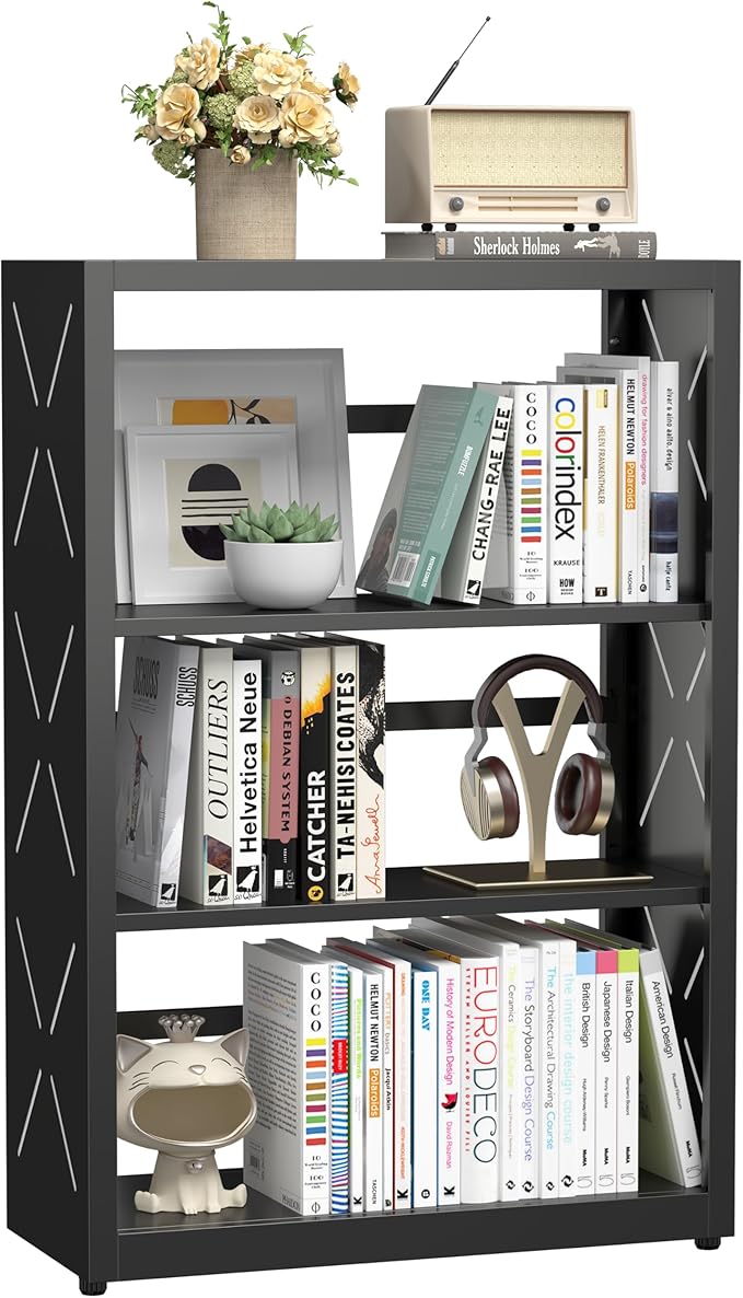 3 Tier Bookshelf, 34"Tall Metal Bookcase with Adjustable Shelves, Modern Display Book Shelf, Black Bookcase Shelf, Utility Shelf, Storage Shelves for Office, Living Room, Kitchen, Study-23"W