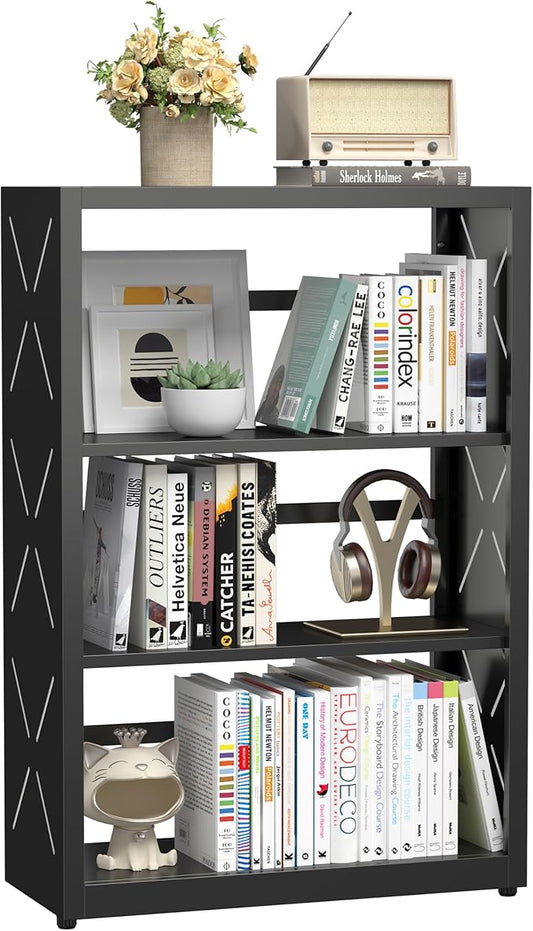 3 Tier Bookshelf, 34"Tall Metal Bookcase with Adjustable Shelves, Modern Display Book Shelf, Black Bookcase Shelf, Utility Shelf, Storage Shelves for Office, Living Room, Kitchen, Study-23"W