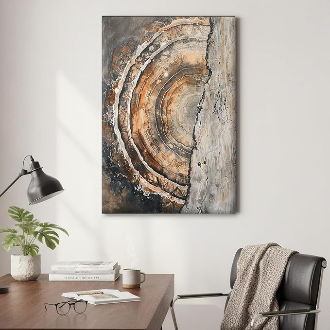 IBHJSART Framed Tree Ring Canvas Wall Art Vintage Colorful Wood Stump Painting Prints Modern Minimalist Pictures Neutral Nature Rustic Farmhouse Decor Living Room Bedroom Bathroom Office