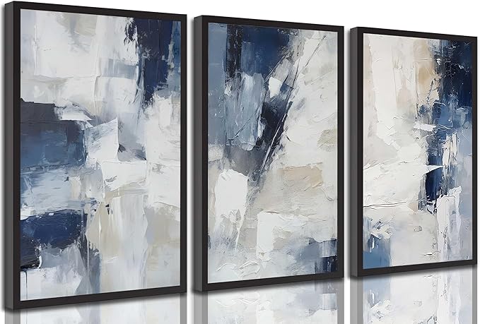 3pcs Navy Blue Abstract Canvas Wall Art Modern Minimalist Neutral Blue White Painting Picture Wall Decor Posters Prints Artworks for Living Room Bedroom Office Home Decoration Unframed