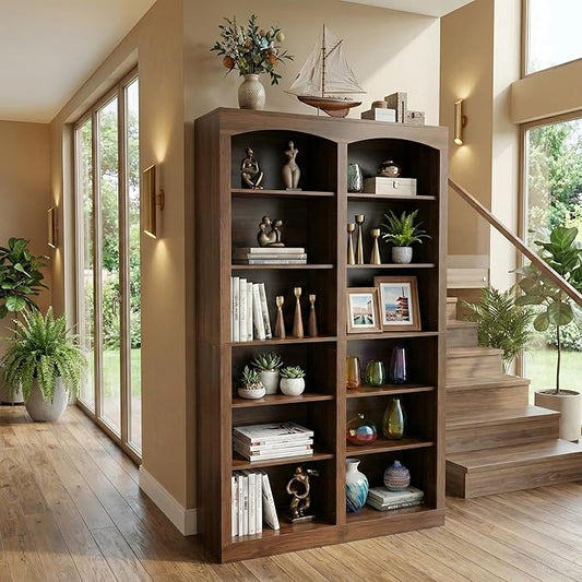 71" Tall Bookcase, Double Wide Rustic Brown Bookshelf with Arched Design, 12-Tier Open Wood Display Shelf Storage Organizer for Living Room, Home Office (41.6" W x 70.8" H)