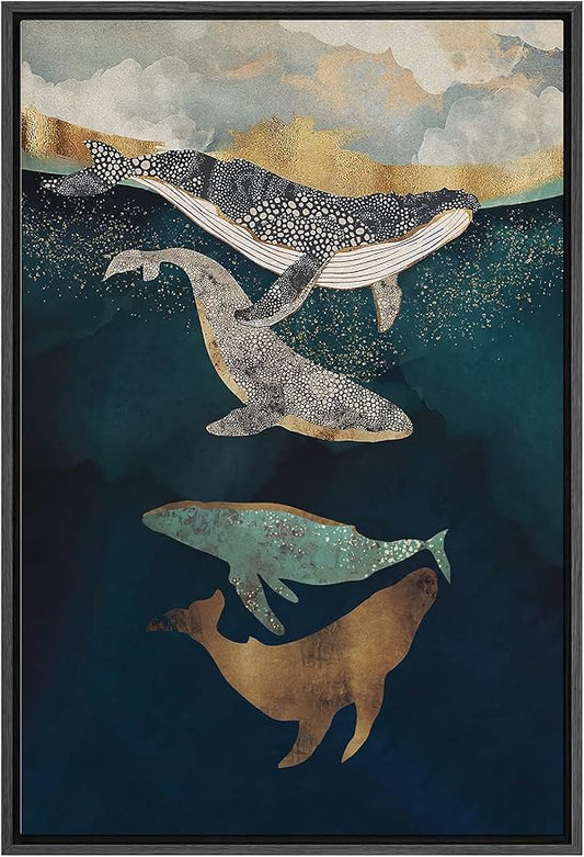 SIGNFORD Framed Canvas Print Wall Art Whales with Dots Under The Blue Sea Abstract Wilderness Illustrations Modern Art Contemporary Scenic for Living Room, Bedroom, Office - 24"x36" Black
