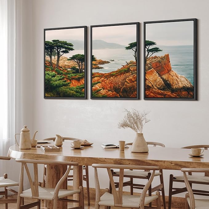 SIGNFORD Framed Wall Art Print Set Coastal Cypress and Rocky Shoreline Scenic Landscape Digital Art Modern Art Contemporary for Living Room, Bedroom, Office - 24"x36"x3 Black