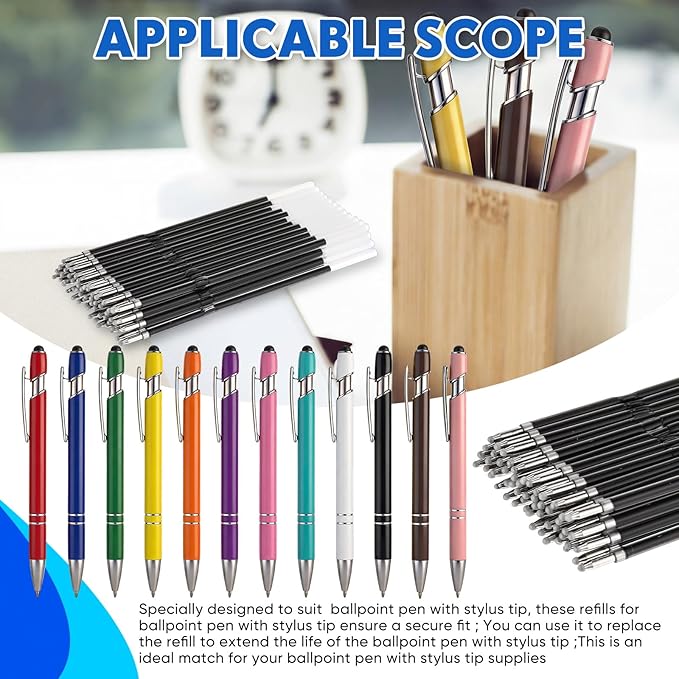 Zonon 100 Pcs 3.85 Inch Retractable Ballpoint Pen Refills Bulk for Metal Pens with Stylus Tip, 1 mm Medium Point Tip, 2 in 1 Touch Screen Stylus Pen Refills for Click Pens with Spring(Black Ink)