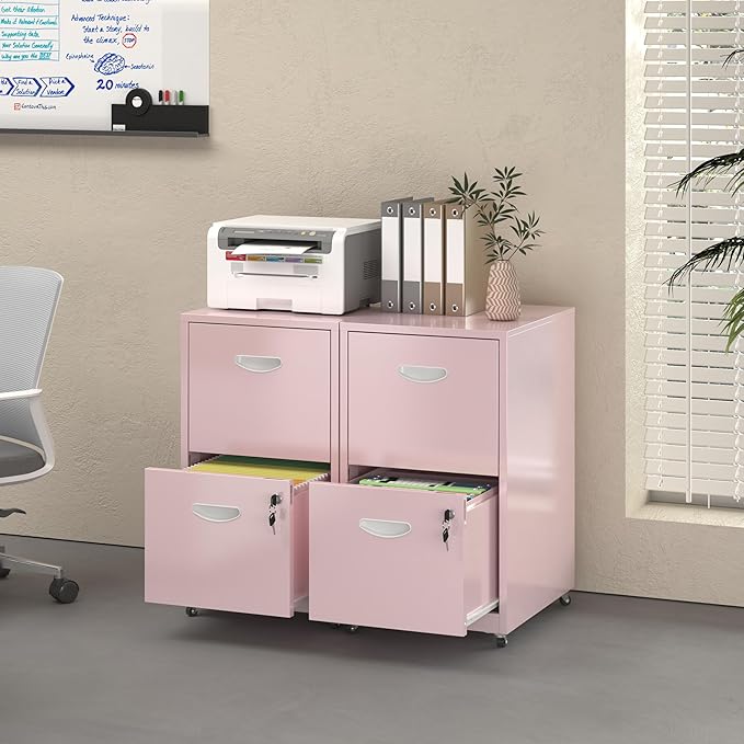 2 Drawer File Cabinet with Lock, Filing Cabinets with Wheels, Rolling File Cabinets for Home Office, Metal Office File Cabinet, for Holding Letters and File Boxes, Assembly Required, Pink