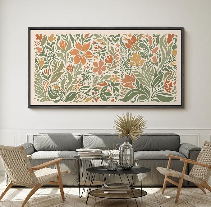SIGNFORD Extra Large Framed Canvas Folk Floral Garden in Earth Tones Illustrations Modern Art Calm Warm for Living Room, Bedroom, Office - 60"x30"