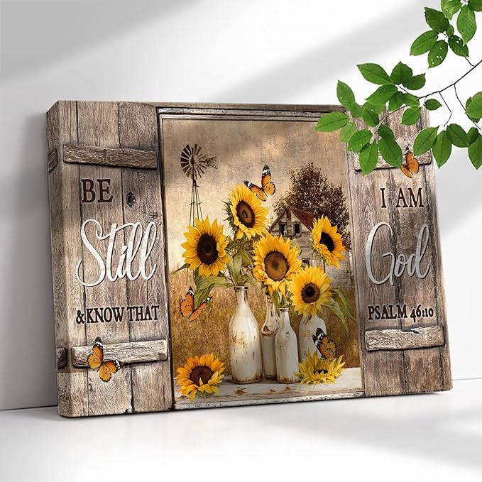 Farmhouse Sunflower Wall Art Inspirational Bible Verse Wall Art Be Still and Know That I Am God Rustic Sunflower Wall Decor Christian Scripture Quotes Framed Artwork for Living Room Bedroom 12"x16"