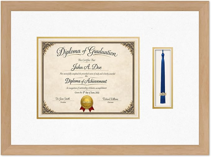 Diploma Frame with Tassel Holder Natural Wood Shadowbox Oyster Shell Over Gold Mat - Fits 10 x 8 Degree Made in the USA