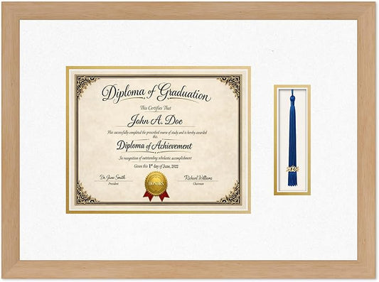 Diploma Frame with Tassel Holder Natural Wood Shadowbox Oyster Shell Over Gold Mat - Fits 10 x 8 Degree Made in the USA