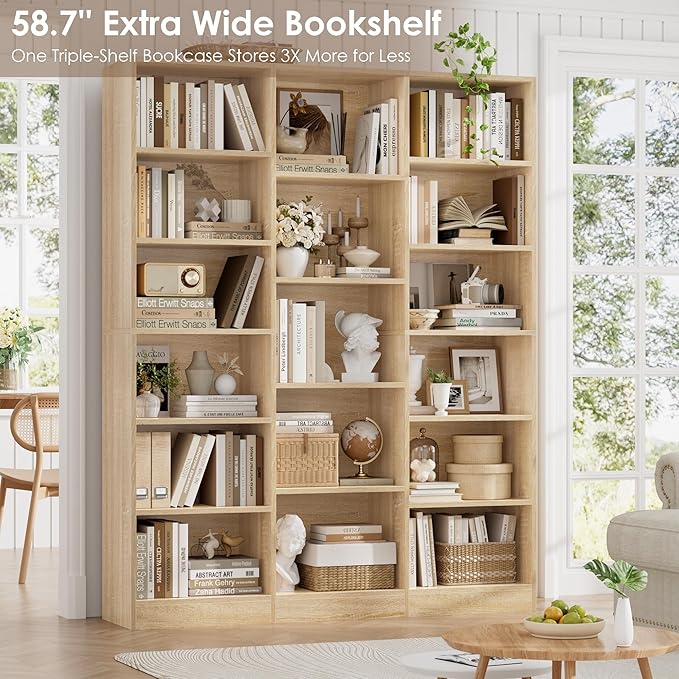 FACBOTALL Triple Wide Bookshelf, 6 Tier Large Bookshelf, Bookcase with 17 Open Display Shelves, 74'' Tall Bookcases and Bookshelves for Living Room, Home Office, Library, Light Oak
