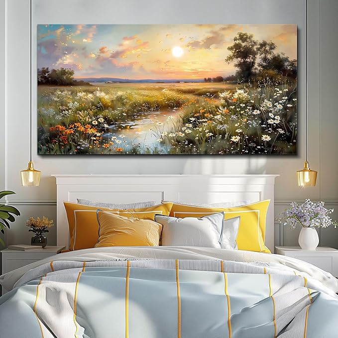 hyidecorart Large Canvas Wall Art for Living Room Wall Decor Bedroom Vintage Farmhouse Wildflower Wall Painting Office Decorations Nature Landscape Picture Artwork Aesthetic Home Decor Ready To Hang