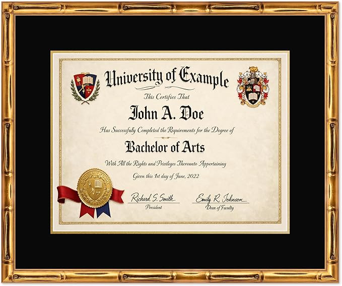 CountryArtHouse Diploma Frame Fits 17 x 13 International Diploma - Keepsake Graduation Display Gold Bamboo Genuine Hardwood with Black Over Metallic Gold Double mat