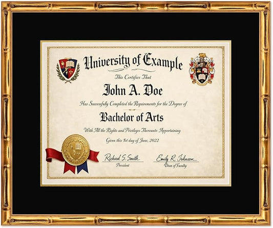 CountryArtHouse Diploma Frame Fits 17 x 13 International Diploma - Keepsake Graduation Display Gold Bamboo Genuine Hardwood with Black Over Metallic Gold Double mat