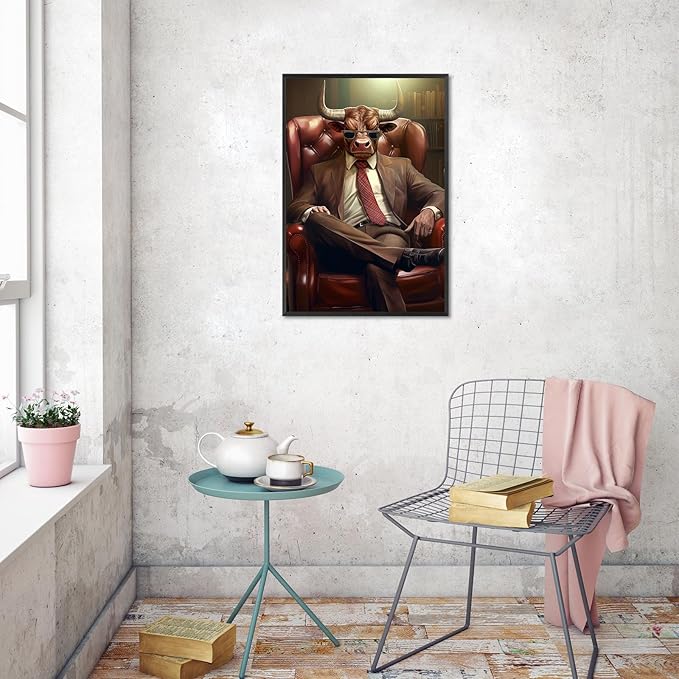 Trendy Suit Animal Cow Portrait Wall Art Funny Boss Cow Canvas Posters Work Struggle Motivation Inspiring Prints Painting For Office Living Room Wall Decor 24x36in Framed