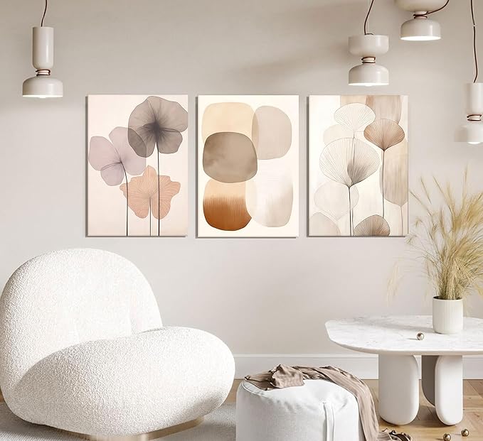 3pcs Neutral Beige Wall Art Abstract Botanical Canvas Prints Modern Simple Flower Paintings Poster Wabi-sabi Geometric Wall Decor Boho Plant Pictures For Bedroom living room Framed