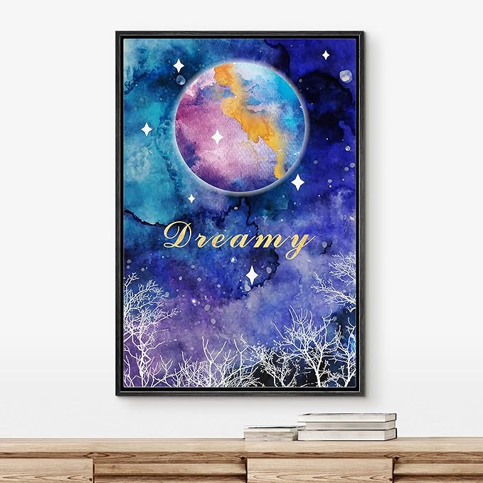 IDEA4WALL Framed Canvas Print Wall Art Dreamy Watercolor Galaxy with Star Covered Moon Astronomy & Space Sky Illustrations Modern Art Glam Colorful for Living Room, Bedroom, Office - 24"x36" BLACK