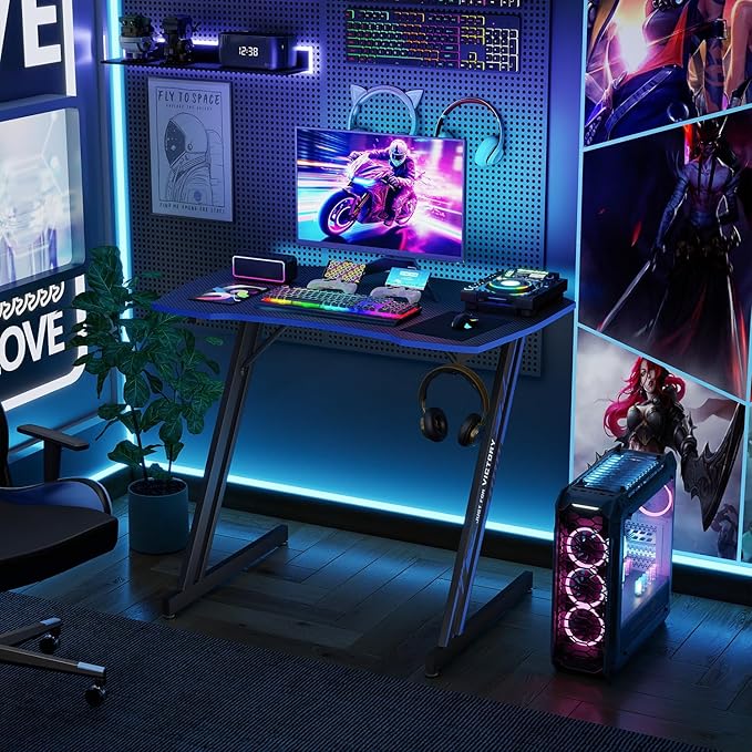 BestOffice Gmaing Desk 35 in PC Computer Desk Z Shaped Gaming Workstation Ergonomic Gaming Table with Headphone Hook for Home Office,Black&Blue
