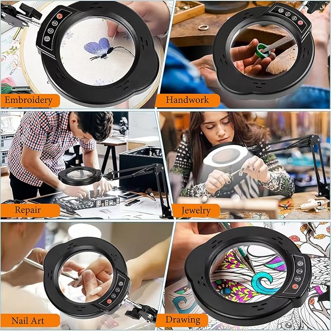 15X Magnifying Glass Desk Lamp with Clamp and Base, 5 Color Modes 10 Levels Adjustable Brightness, 15X Magnifying Glass, 4.2" Reading Magnifier for Seniors Book Newspaper Reading, Crafting, Seniors