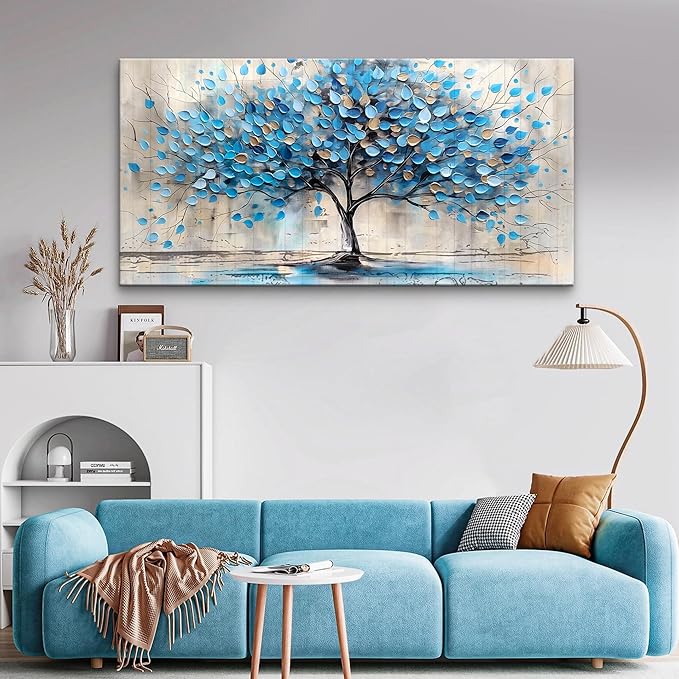Lapremoly Textured Abstract Wall Pictures Artwork Large Wall Decor For Living Room Framed Canvas Wall Art For Bedroom Office Decor Blue Tree Paintings Panoramic Landscape Prints Home Decor 48"X24"